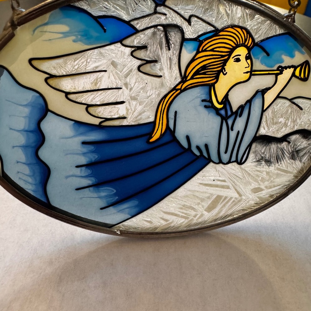 Oval Stained Glass Angel Window‎ Hanging Celestial Decor Sun Catcher Gift